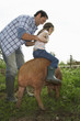 Father helping daughter 5-6 to ride pig in sty
