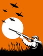 Hunter aiming shotgun  with ducks flying