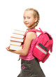 Happy little schoolgirl with a stack of heavy books....