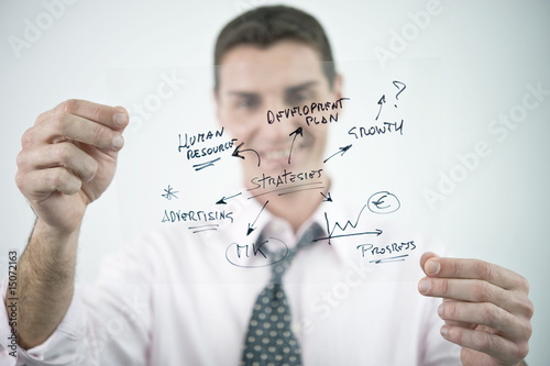 Foto: Businessman holding flow chart transparency Businessman holding flow chart transparency