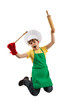 Boy holding kitchenware jumping isolated on white Boy holding kitchenware jumping isolated on white
