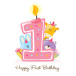 Vector: Happy First Birthday Candle and Animals Isolated on white Happy First Birthday Candle and Animals Isolated on white