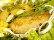 Pork rissole in tempura with greenery and vegetables