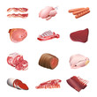 Set of isolated meats and poultry for calorie table illustration