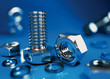 Bolts and nuts blue background