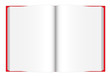 Opened blank book with red cover viewed from top