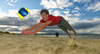 Man is jumping for a volleyball on a beach