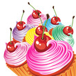 Border of cakes with cream and cherries.