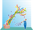 Business man is charming a lot of wild diagrams