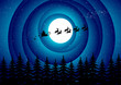 Santa Claus flying over the forest in an abstract sky