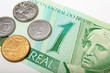 Brazil reais money currency paper bill and coins