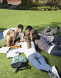 Six students in a study circle outdoors
