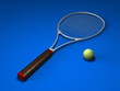 Tennis racket and ball on blue background