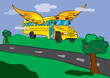 flying bus through the clouds, back to school illustration flying bus through the clouds, back to school illustration
