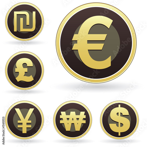 money symbol icon. International currency symbol icon set on brown and gold buttons