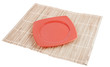 Empty White dishes and wooden chopsticks on a japanese tableclot