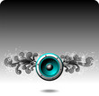 Vector blue speaker with grunge floral elements.