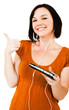 Smiling woman listening media player Smiling woman listening media player