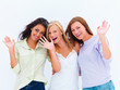 Portrait of happy young girls waving hands over white