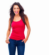Laughing young lady in red top isolated on white background
