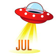 July calendar month icon on retro flying saucer UFO July calendar month icon on retro flying saucer UFO