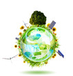 Green world concept with aerogenerator, solar panel and turbine
