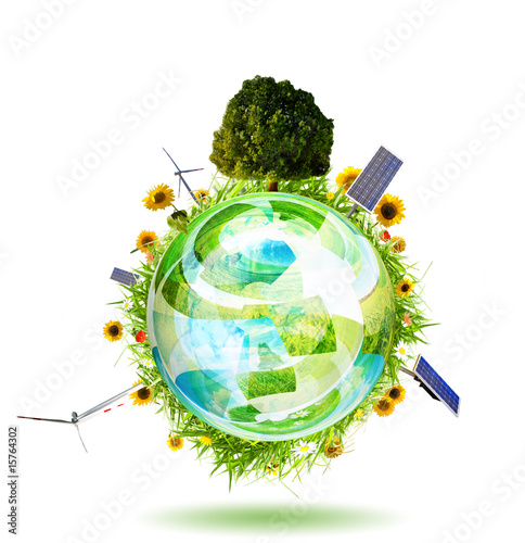 Illustration: Green world concept with aerogenerator, solar panel and turbine Green world concept with aerogenerator, solar panel and turbine