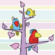 Vektor: Three funny birdies on a pink tree Three funny birdies on a pink tree