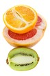 Fresh grapefruit, orange and kiwi on white background