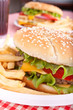 two cheeseburgers with fries