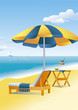 Beach umbrella, chaise lounge and a drink on a beach table Beach umbrella, chaise lounge and a drink on a beach table