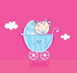 Happy baby in pram. It's girl! Vector cartoon Illustration.