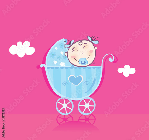 baby girl cartoon. Happy aby in pram. It#39;s girl!