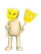 3d puppet with two masks in hands