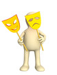 3d puppet with two masks in hands