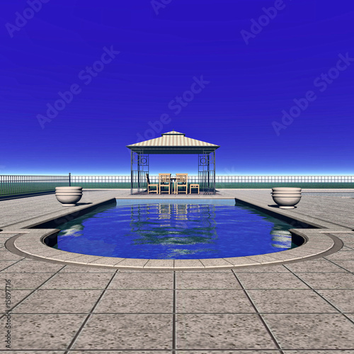 Illustration: Pool mit Pavillon und Gartenmöbeln Pool mit Pavillon und Gartenmöbeln