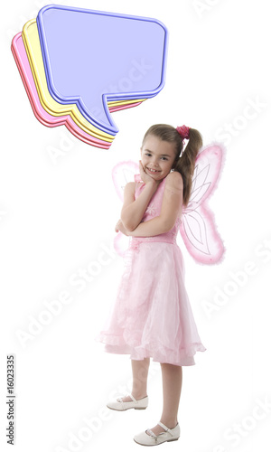 Pink Butterfly Little Girl With Colorful Message Clouds. Isolate