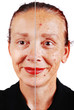 Senior woman with old skin face and retouched other half