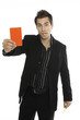 Young man holding red card, close-up