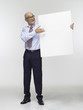 Businessman holding cardboard, portrait