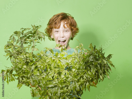 Photo : Young hiding behind green bush Young hiding behind green bush