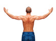 Rear view of a  young man flexing his arm and back muscles