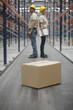 Cardboard box and workers in warehouse