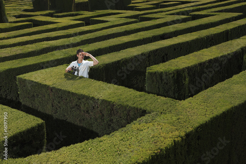 Foto: Young man lost in hedge maze Young man lost in hedge maze