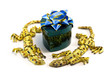 Box and lizards on a white background