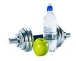 Bottle of mineral water, dumbbells  and green apple