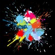 Colourful bright ink splat design with a black background