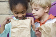 Boy looking in friend?s lunch bag at recess