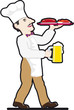 Chef with a mug of beer and food tray