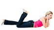 Young woman laying down and speaking on mobile phone Young woman laying down and speaking on mobile phone